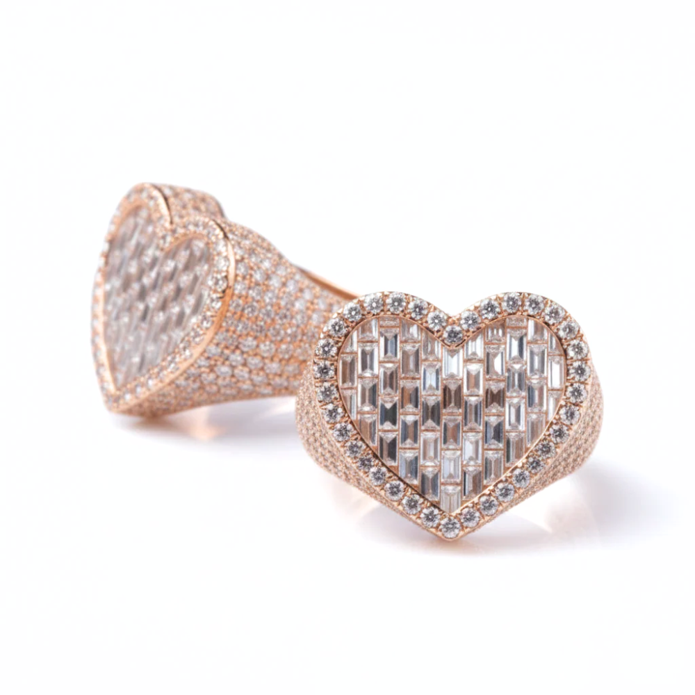 Iced Out Baguette & Round Diamond Heart Ring