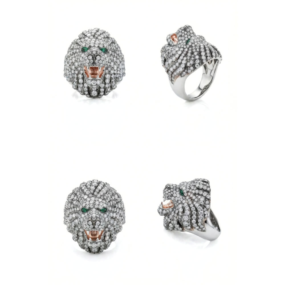 Lion Head Round Cut Iced Out Diamond Ring
