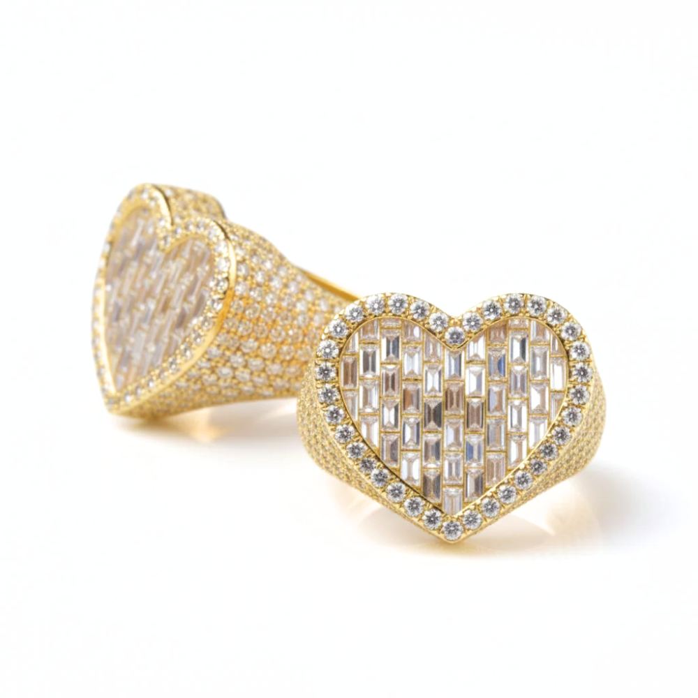 Iced Out Baguette & Round Diamond Heart Ring