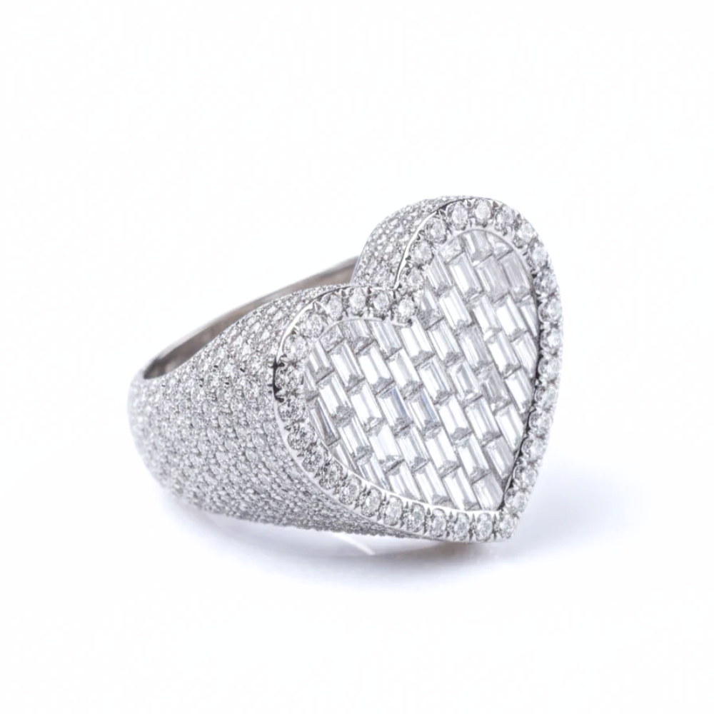 Iced Out Baguette & Round Diamond Heart Ring