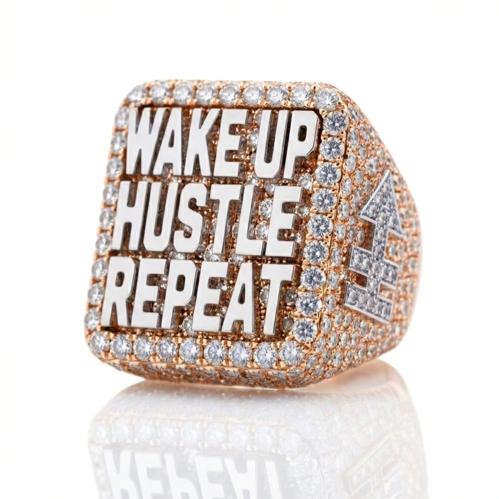Custom Round Diamond "Wake Up Hustle Repeat" Statement Ring