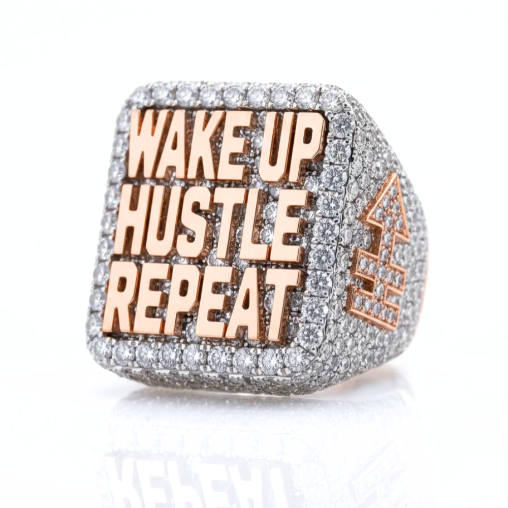 Custom Round Diamond "Wake Up Hustle Repeat" Statement Ring