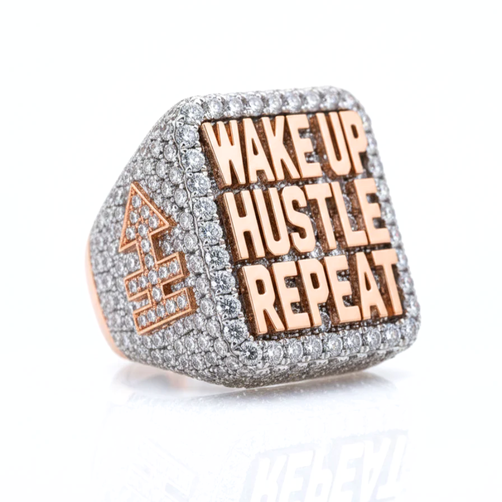 Custom Round Diamond "Wake Up Hustle Repeat" Statement Ring