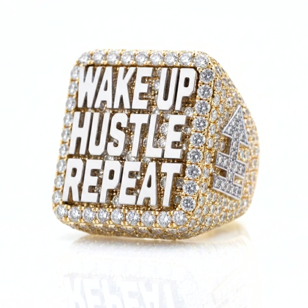 Custom Round Diamond "Wake Up Hustle Repeat" Statement Ring