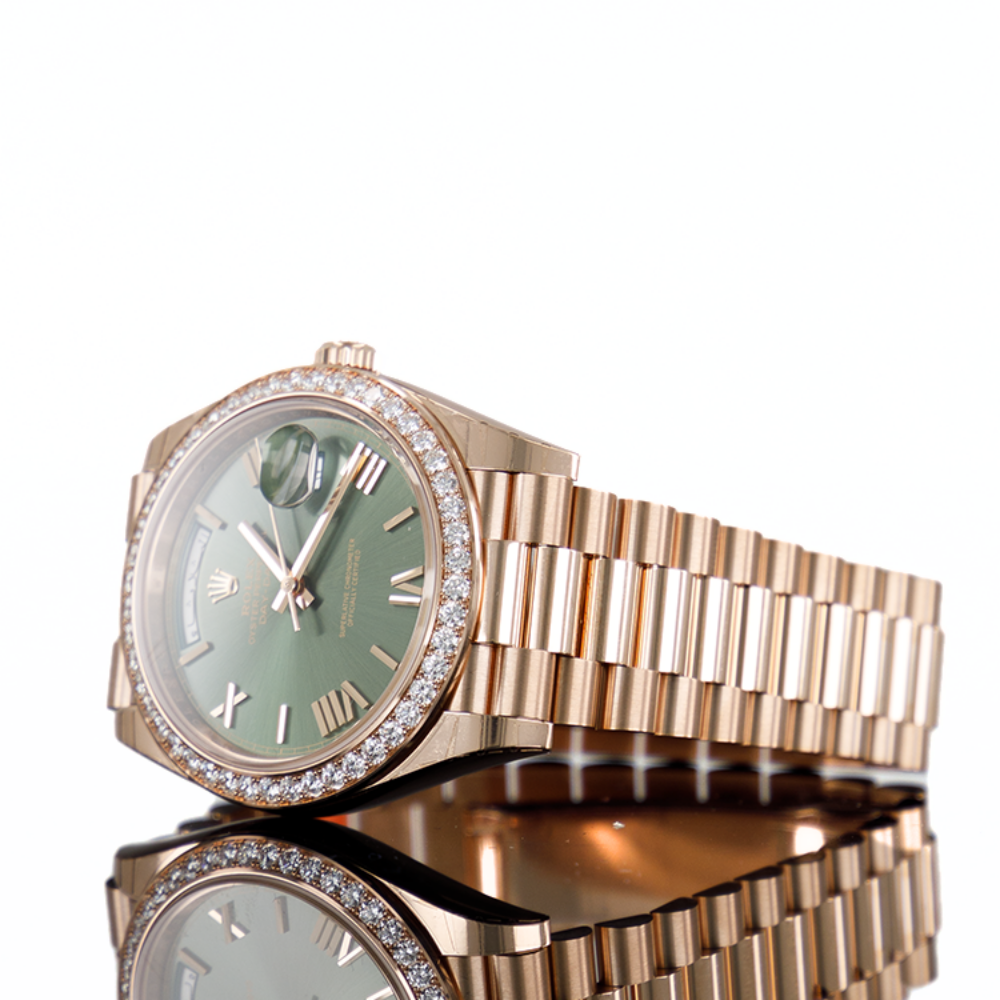 Rolex Day-Date 40 Rose Gold Olive Dial Diamond Bezel