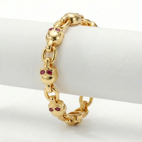 18K Solid Gold Skull Bracelet with Oval Cut Stones