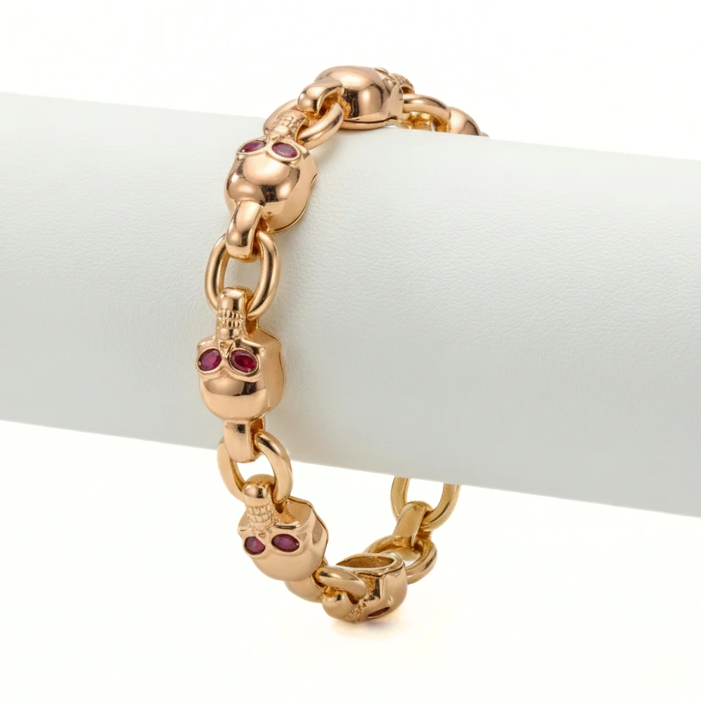 18K Solid Gold Skull Bracelet with Oval Cut Stones