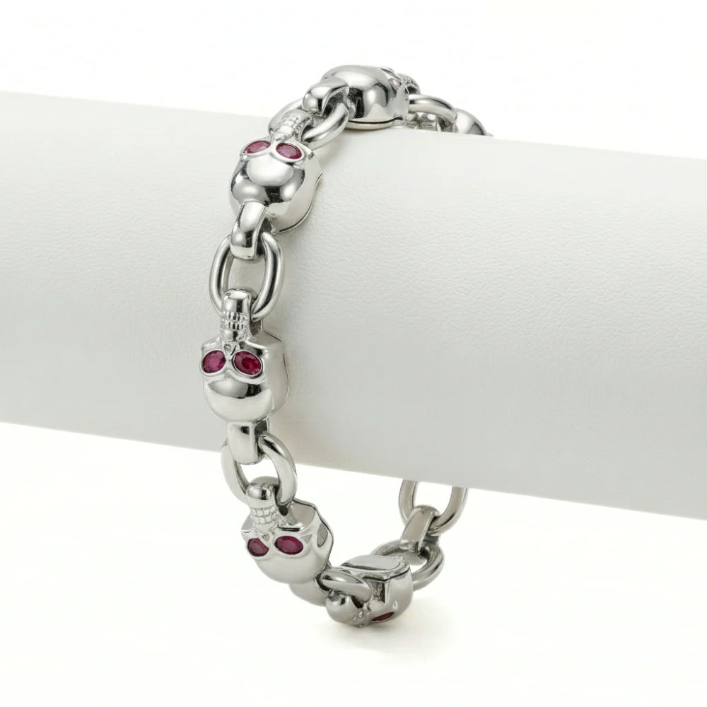 18K Solid Gold Skull Bracelet with Oval Cut Stones