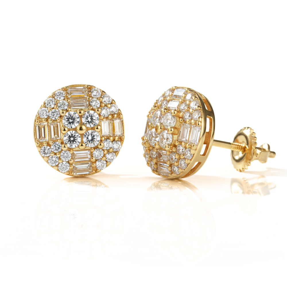 Iced Out Round & Baguette Diamond Stud Earrings