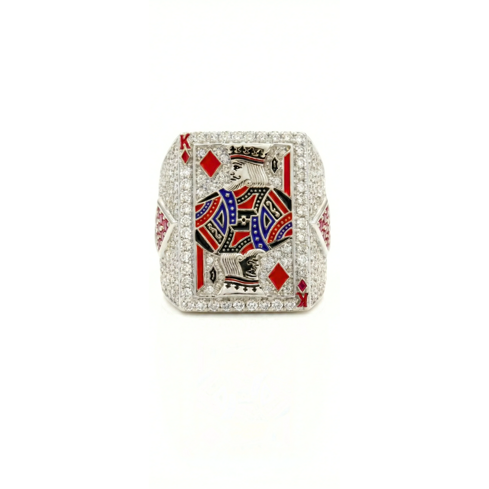 Iced Out King of Diamonds Card Ring Round Diamond Pavé