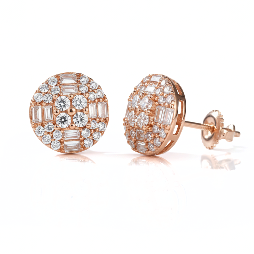 Iced Out Round & Baguette Diamond Stud Earrings