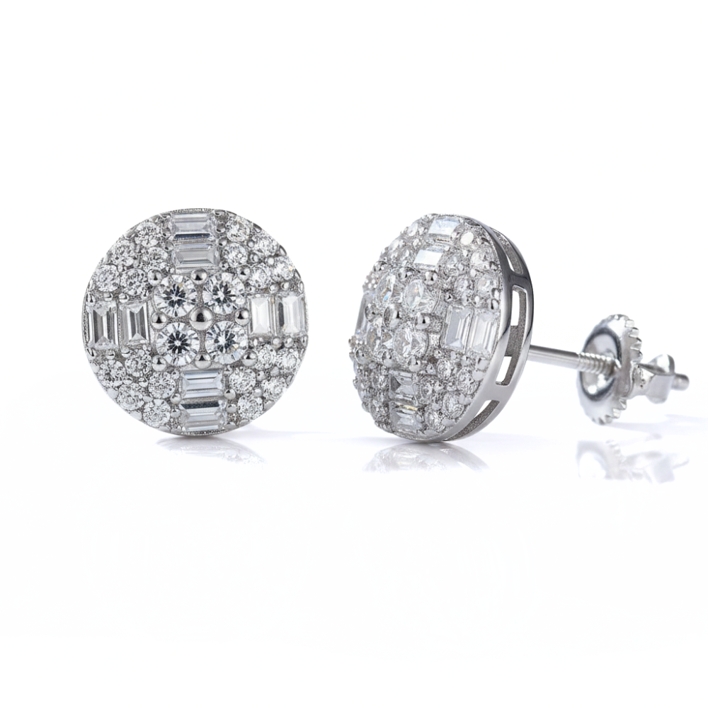 Iced Out Round & Baguette Diamond Stud Earrings