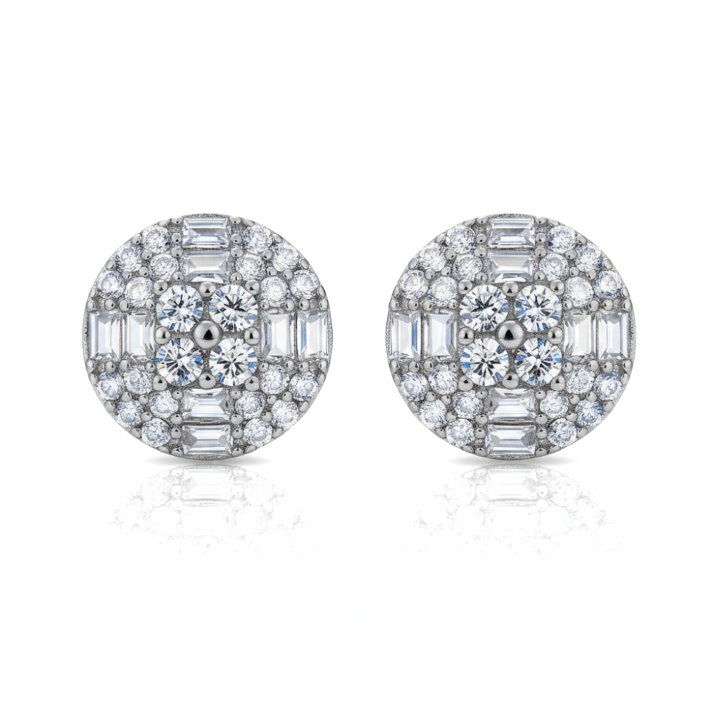 Iced Out Round & Baguette Diamond Stud Earrings
