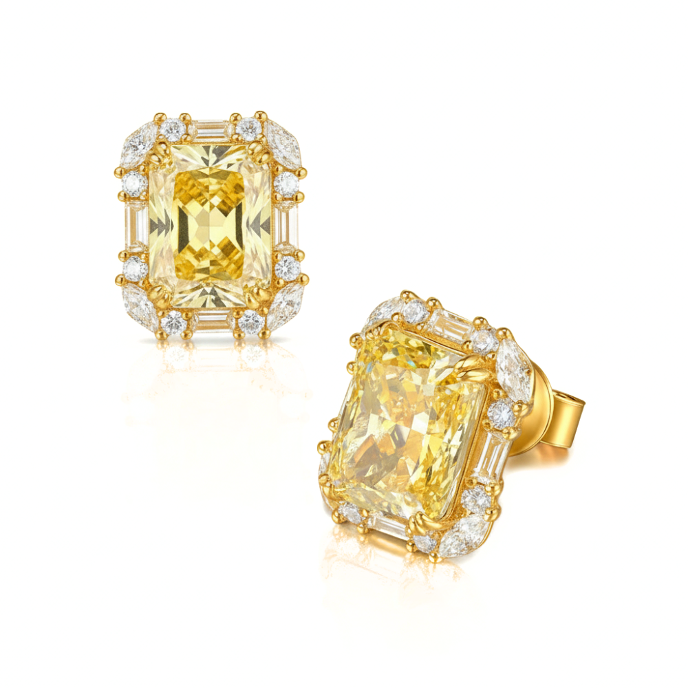 Radiant Cut Yellow Diamond Halo Studs