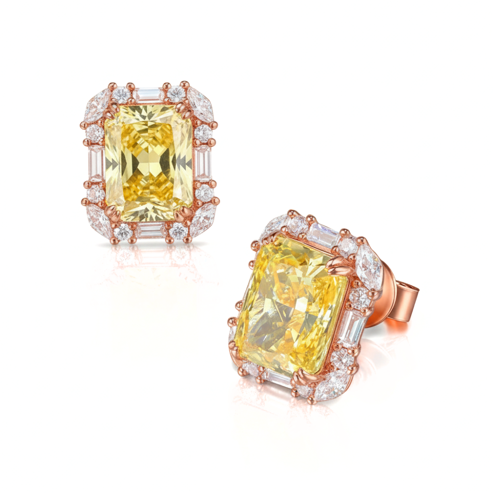 Radiant Cut Yellow Diamond Halo Studs