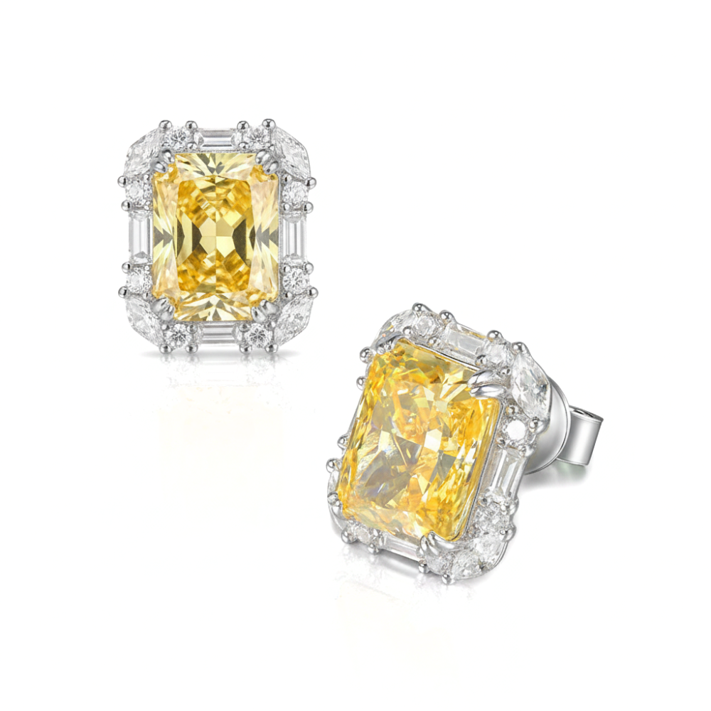 Radiant Cut Yellow Diamond Halo Studs