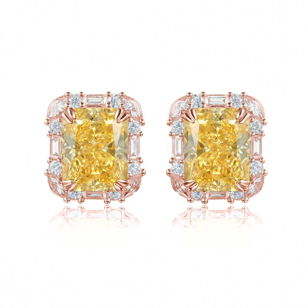 Radiant Cut Yellow Diamond Halo Studs