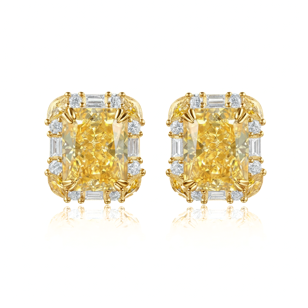 Radiant Cut Yellow Diamond Halo Studs