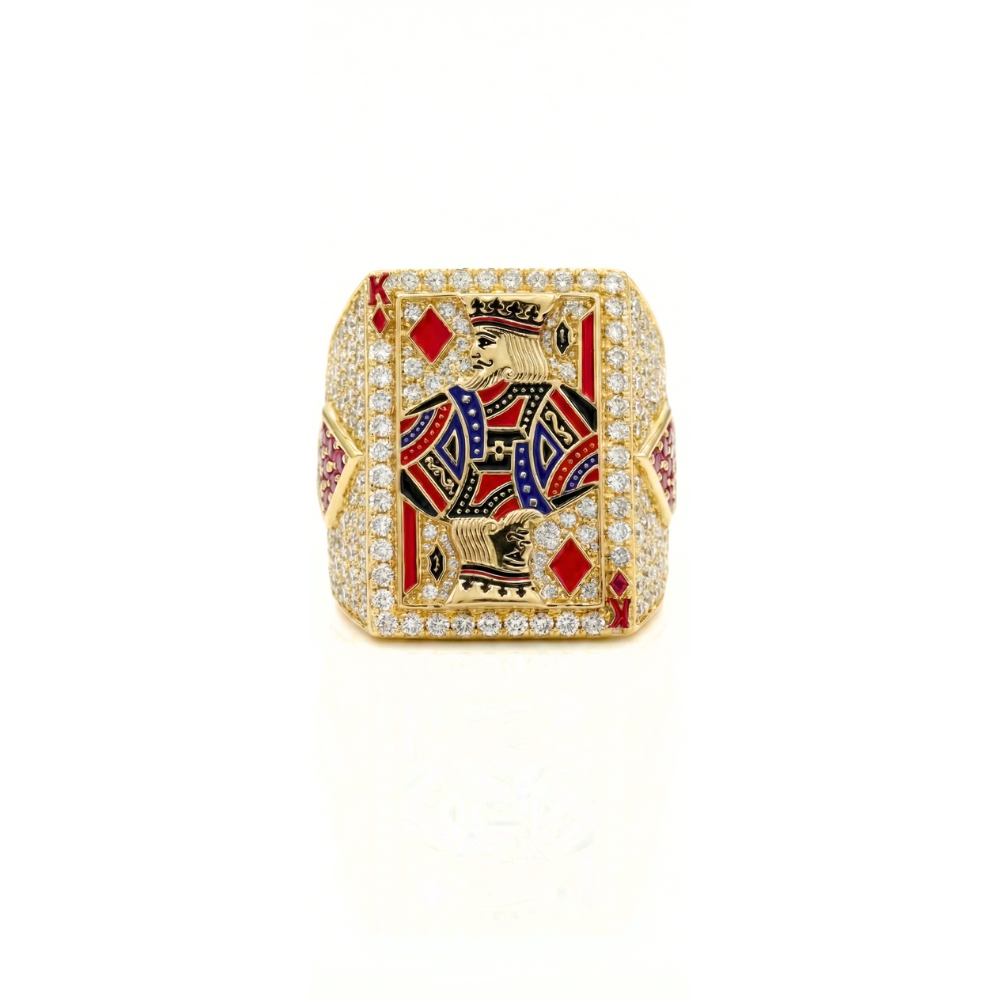 Iced Out King of Diamonds Card Ring Round Diamond Pavé