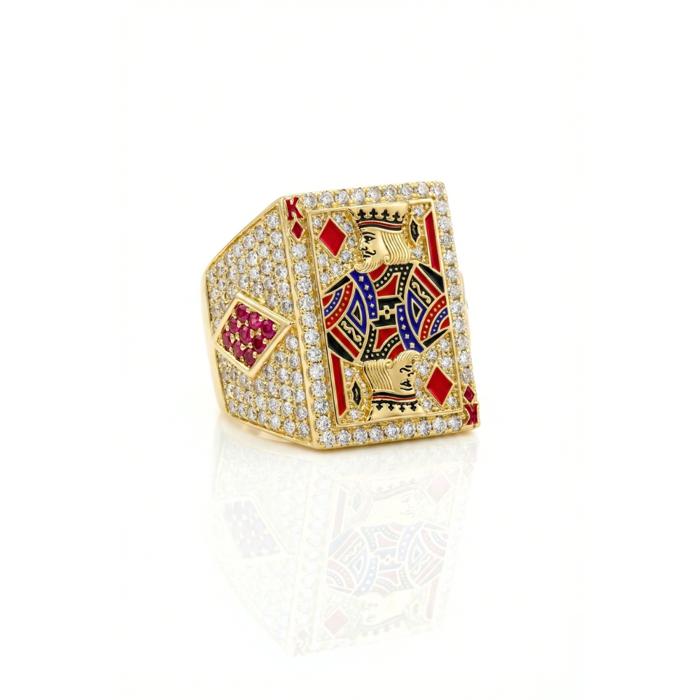 Iced Out King of Diamonds Card Ring Round Diamond Pavé