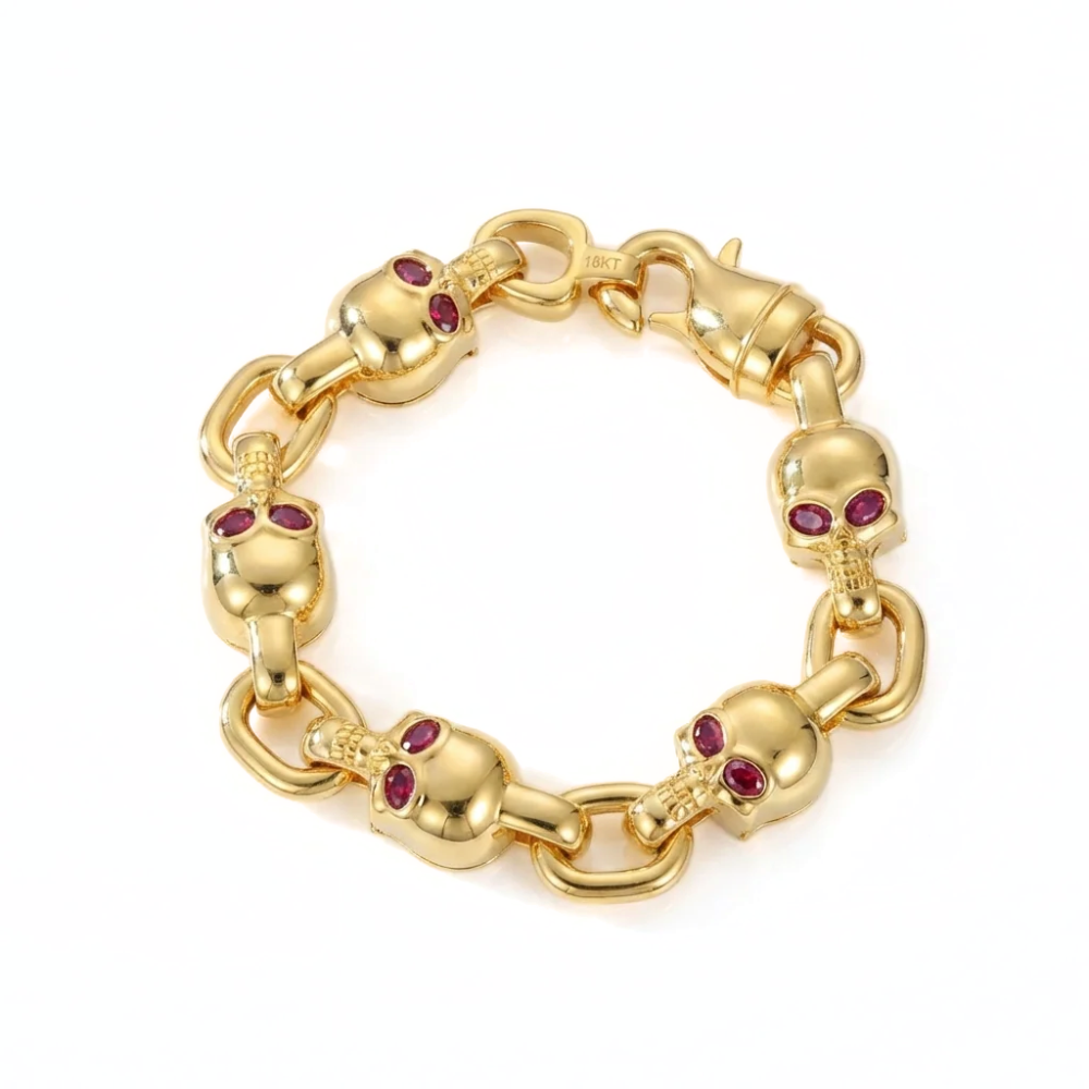 18K Solid Gold Skull Bracelet with Oval Cut Stones