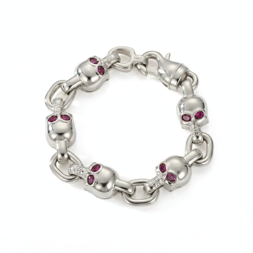 18K Solid Gold Skull Bracelet with Oval Cut Stones