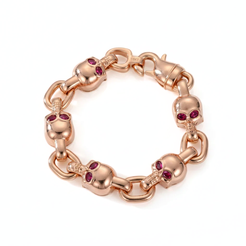 18K Solid Gold Skull Bracelet with Oval Cut Stones