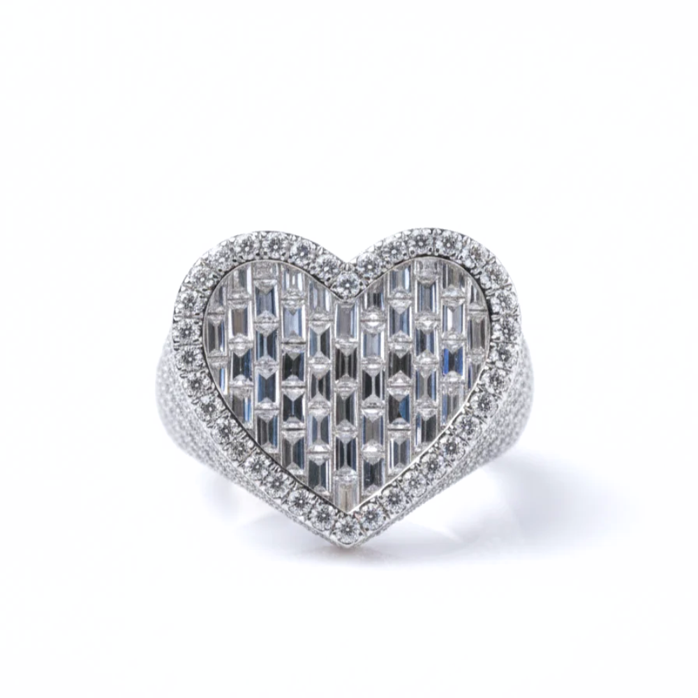 Iced Out Baguette & Round Diamond Heart Ring