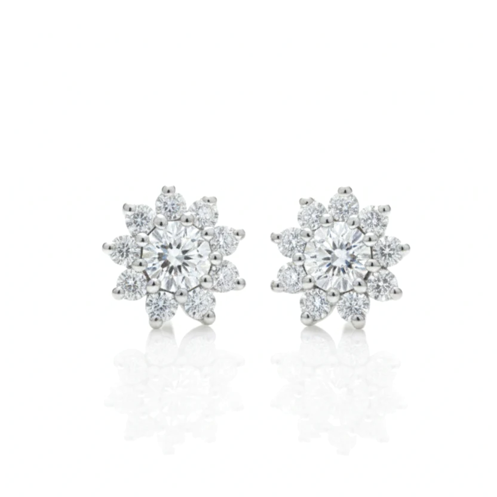 Solid Gold Flower Stud Earrings with Round Brilliant Diamonds