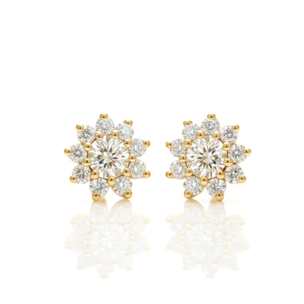 Solid Gold Flower Stud Earrings with Round Brilliant Diamonds