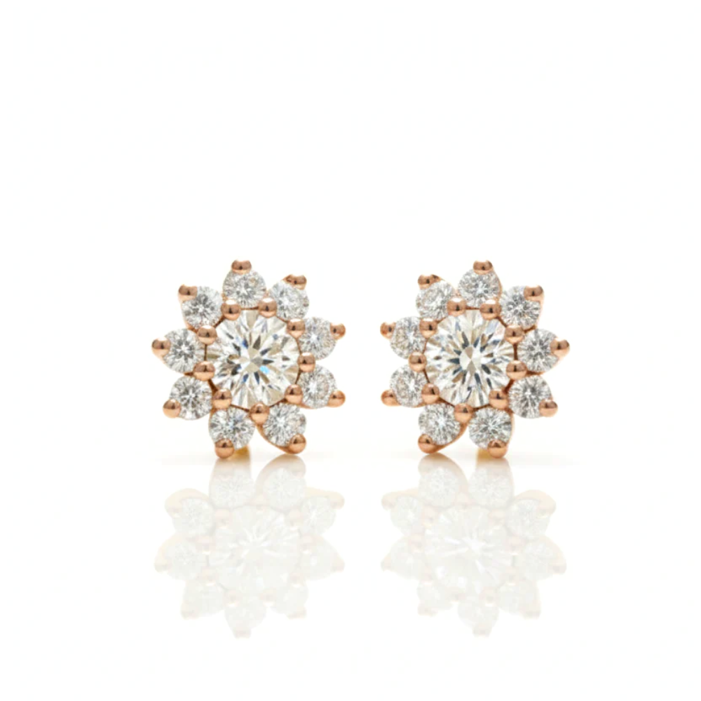 Solid Gold Flower Stud Earrings with Round Brilliant Diamonds
