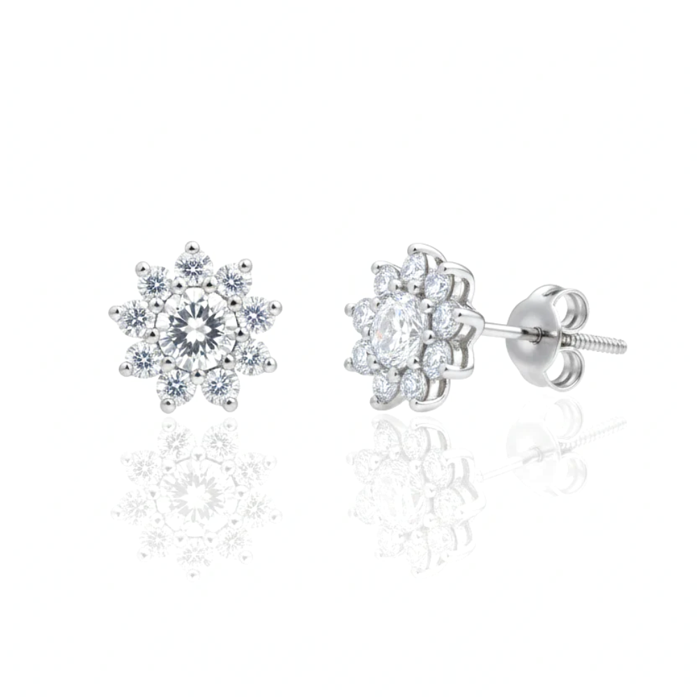 Solid Gold Flower Stud Earrings with Round Brilliant Diamonds