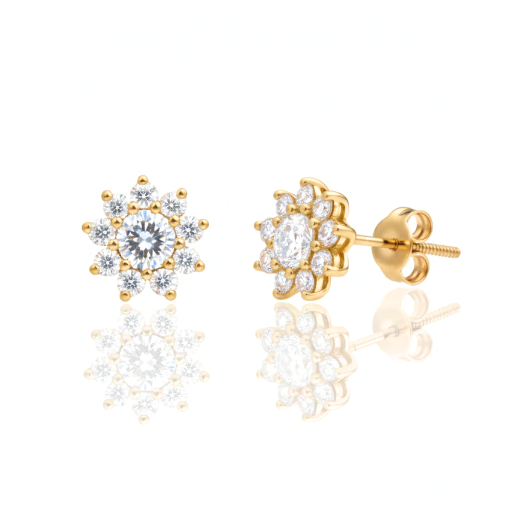 Solid Gold Flower Stud Earrings with Round Brilliant Diamonds
