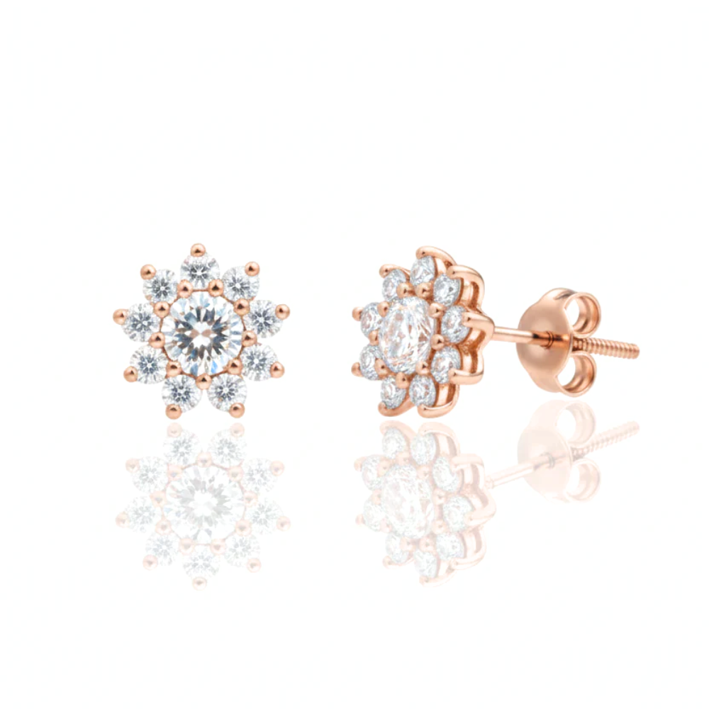Solid Gold Flower Stud Earrings with Round Brilliant Diamonds