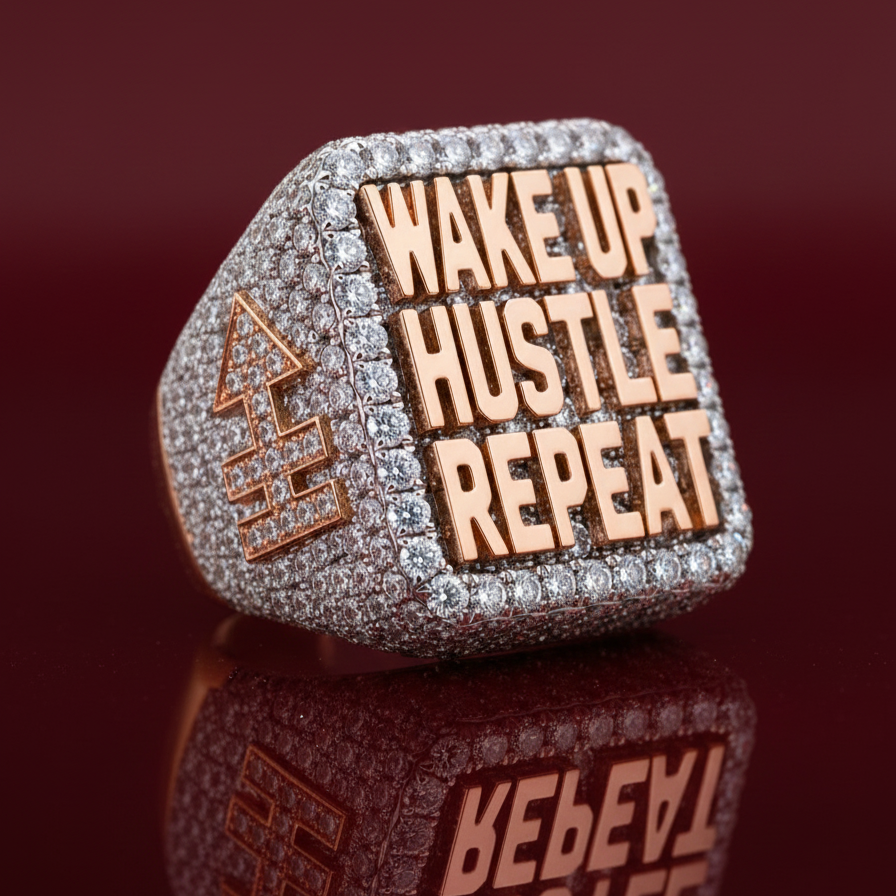 Custom Round Diamond "Wake Up Hustle Repeat" Statement Ring