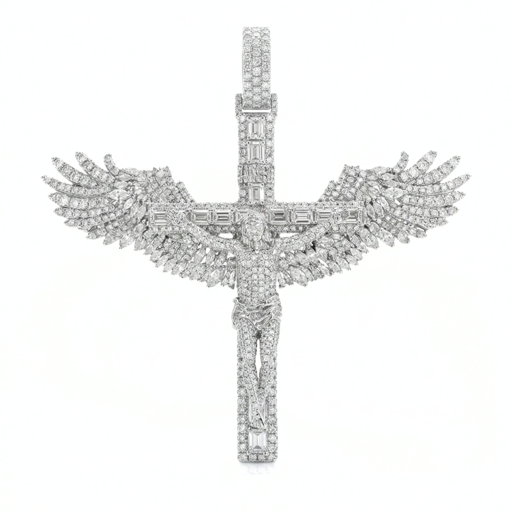 Winged Jesus Cross Pendant in Solid Gold | Mixed-Cut Diamonds