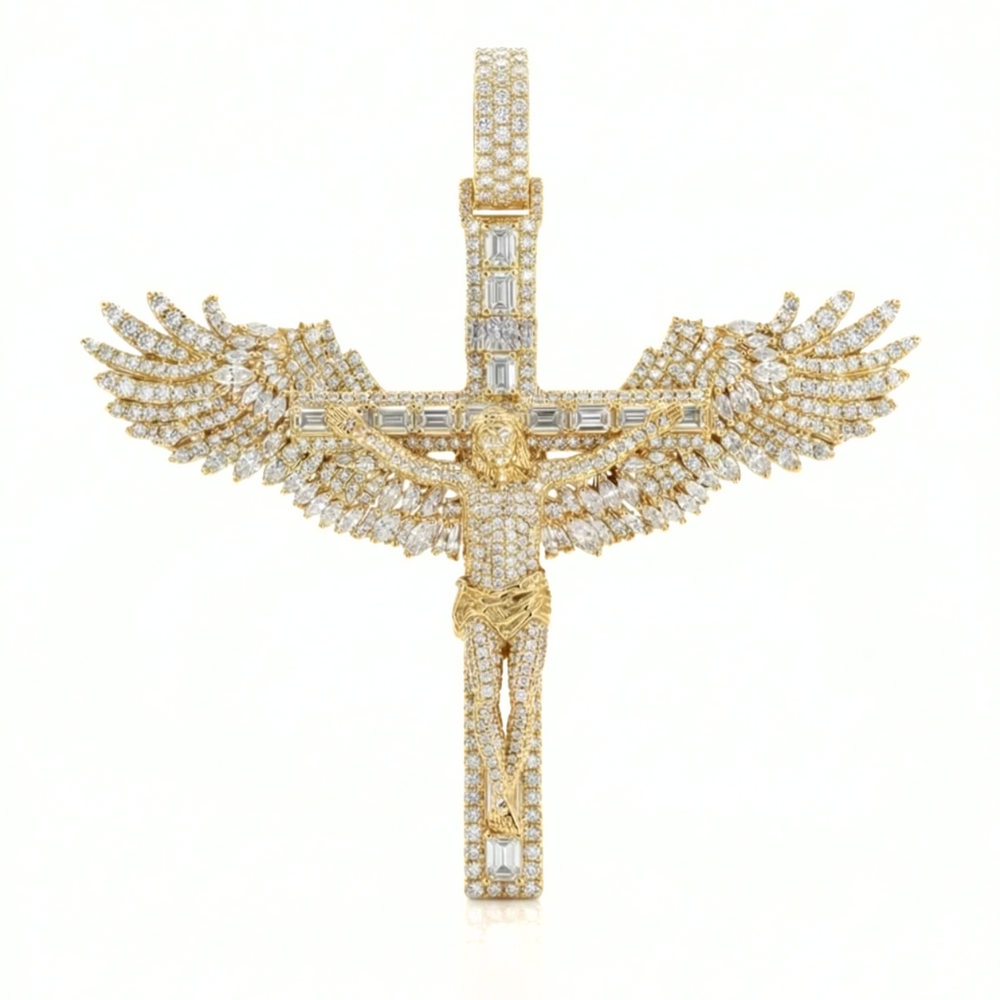 Winged Jesus Cross Pendant in Solid Gold | Mixed-Cut Diamonds