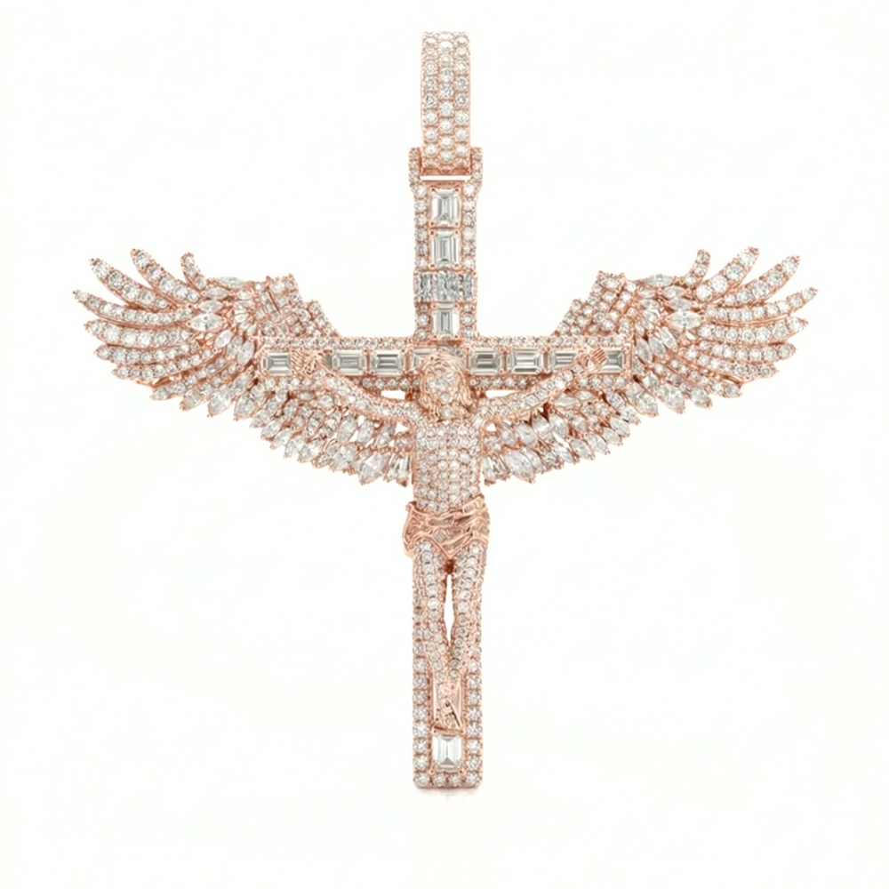 Winged Jesus Cross Pendant in Solid Gold | Mixed-Cut Diamonds