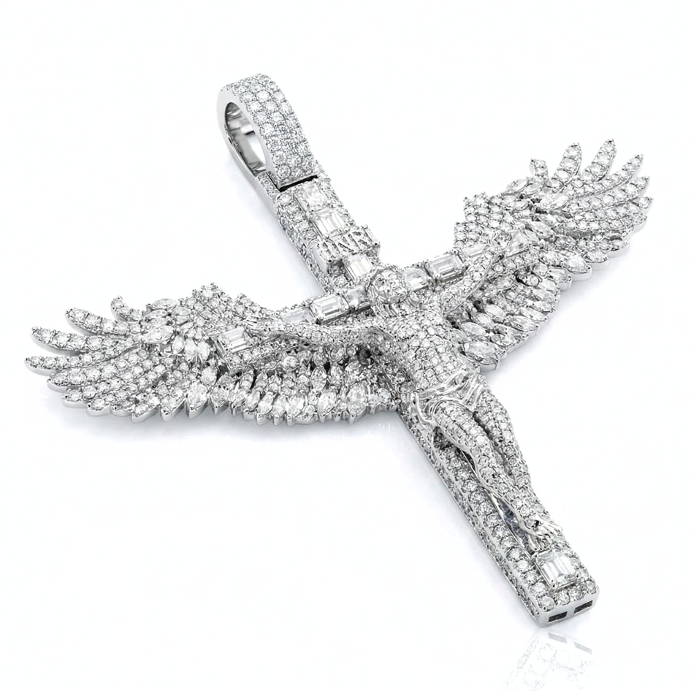 Winged Jesus Cross Pendant in Solid Gold | Mixed-Cut Diamonds