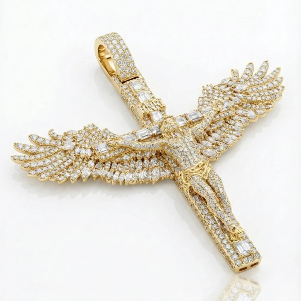 Winged Jesus Cross Pendant in Solid Gold | Mixed-Cut Diamonds