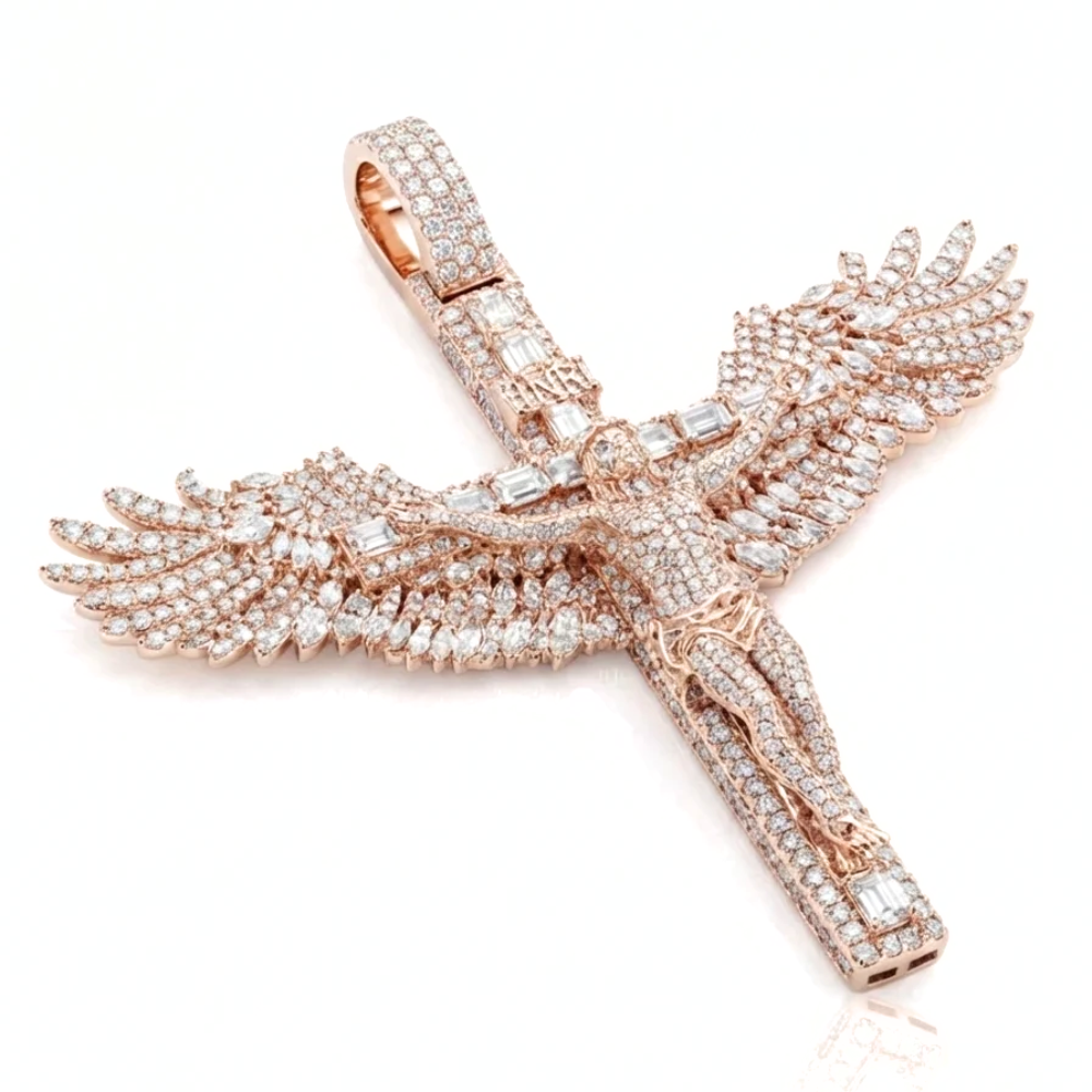 Winged Jesus Cross Pendant in Solid Gold | Mixed-Cut Diamonds