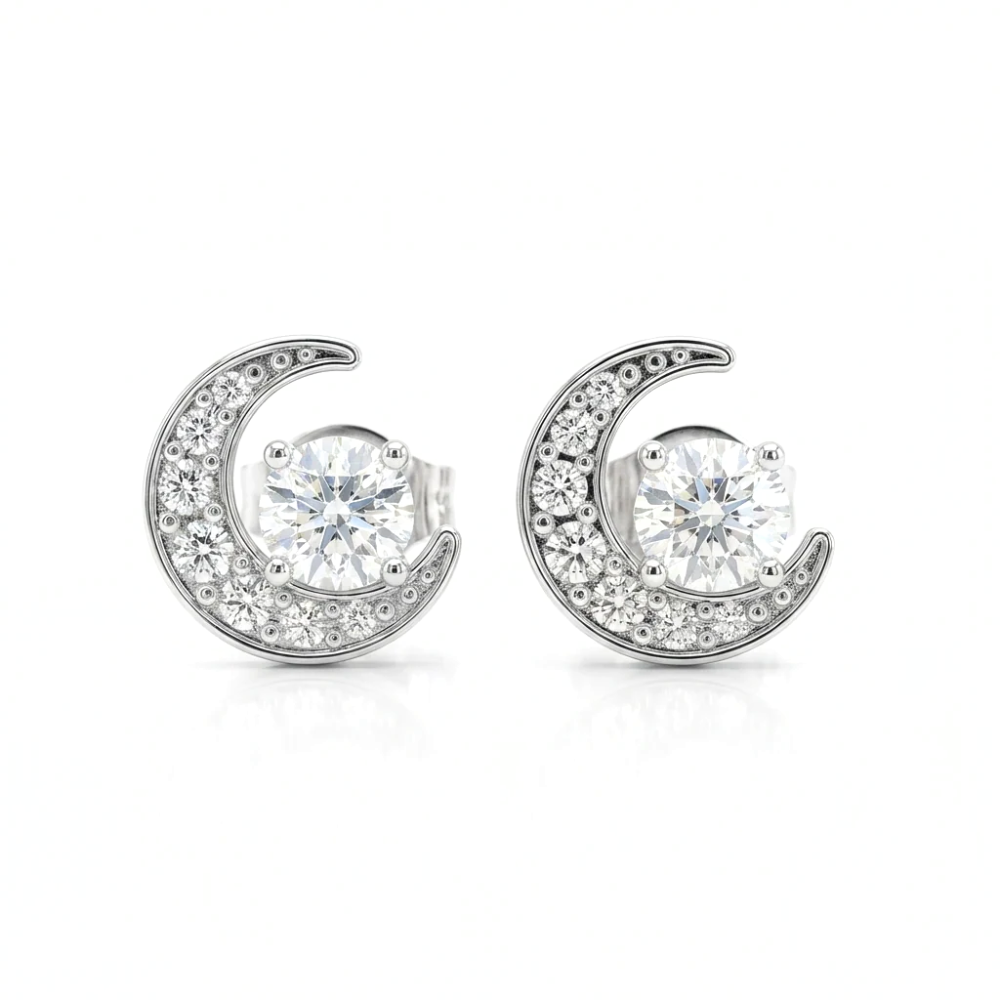 Iced Out Crescent Moon Stud Earrings – Round Cut Diamonds