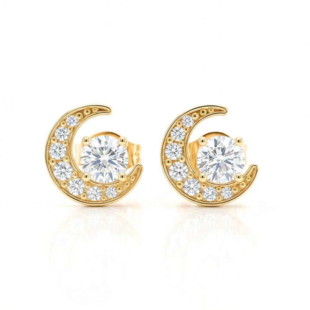 Iced Out Crescent Moon Stud Earrings – Round Cut Diamonds