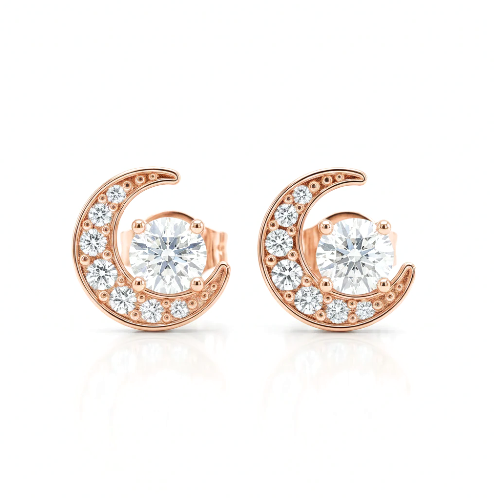 Iced Out Crescent Moon Stud Earrings – Round Cut Diamonds