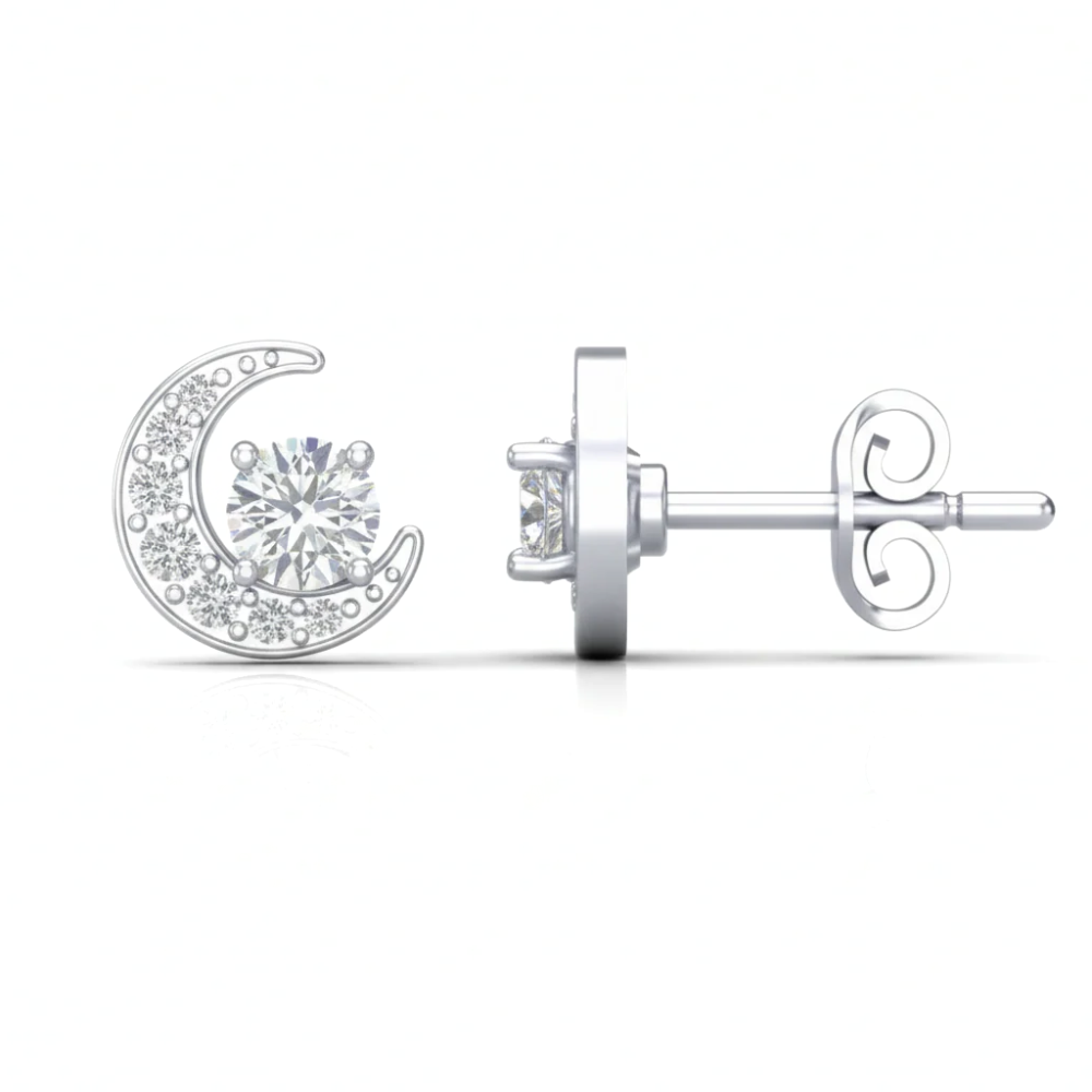 Iced Out Crescent Moon Stud Earrings – Round Cut Diamonds