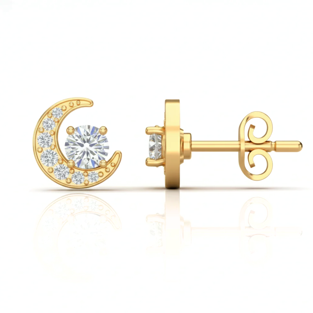 Iced Out Crescent Moon Stud Earrings – Round Cut Diamonds