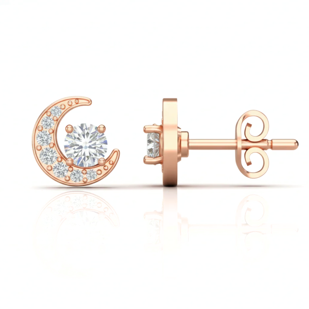 Iced Out Crescent Moon Stud Earrings – Round Cut Diamonds