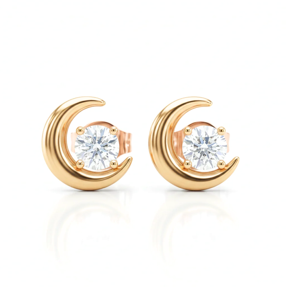 Iced Out Crescent Moon Stud Earrings – Round Cut Diamonds