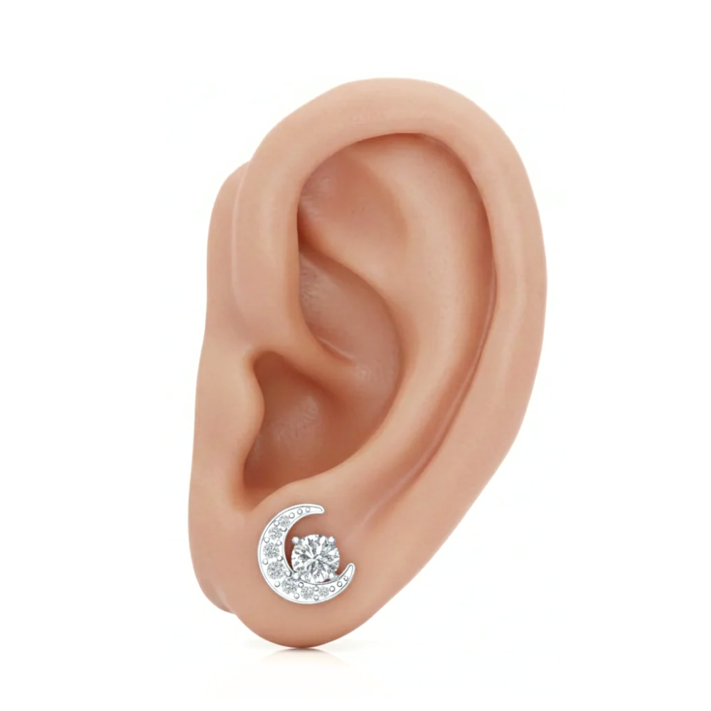 Iced Out Crescent Moon Stud Earrings – Round Cut Diamonds