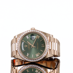Rolex Day-Date 40 Rose Gold Olive Dial Diamond Bezel